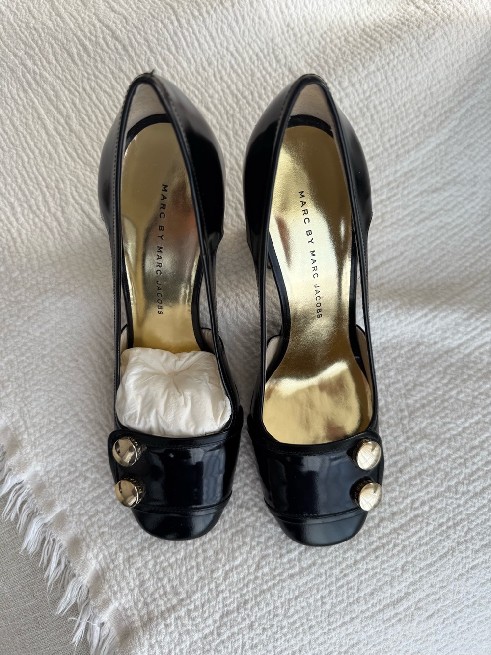 Marc by Marc Jacobs Black Patent Peep-Toe Pumps with Gold Accents